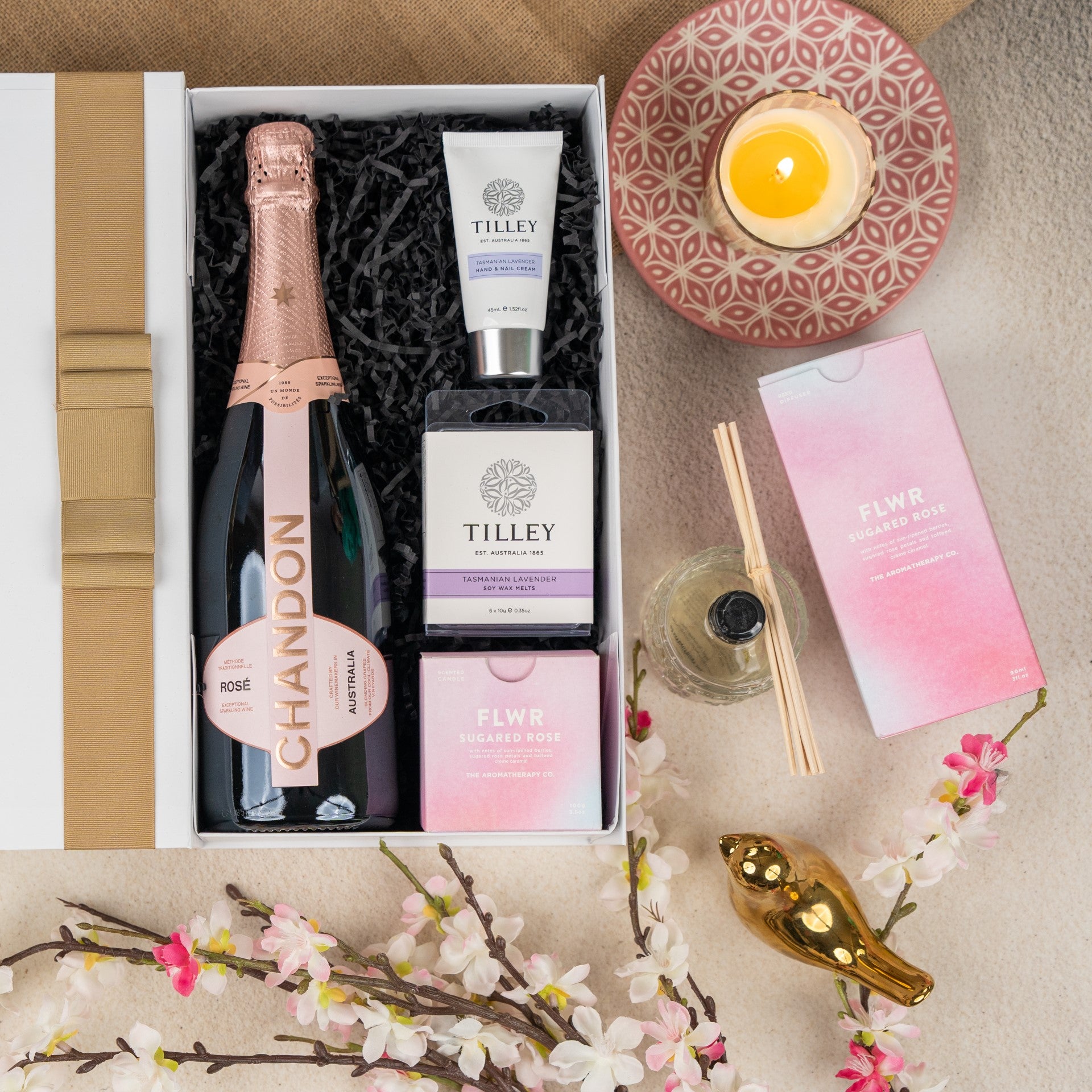 Chandon Rosé Sparkling Indulgence Hamper: Lavish relaxation with sparkling wine and soothing lavender and rose aromatics.