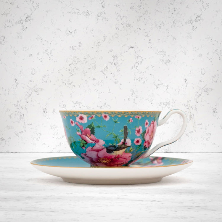Maxwell and Williams Teas and C's Silk Road Footed Cup and Saucer 200 ml Aqua Gift Boxed - The Hamper Boutique Co